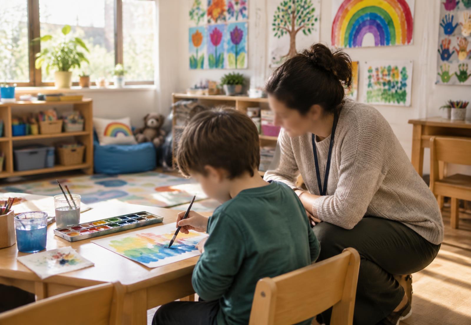 Educadora acompanhando um aluno que pinta com aquarela em uma sala de aula iluminada